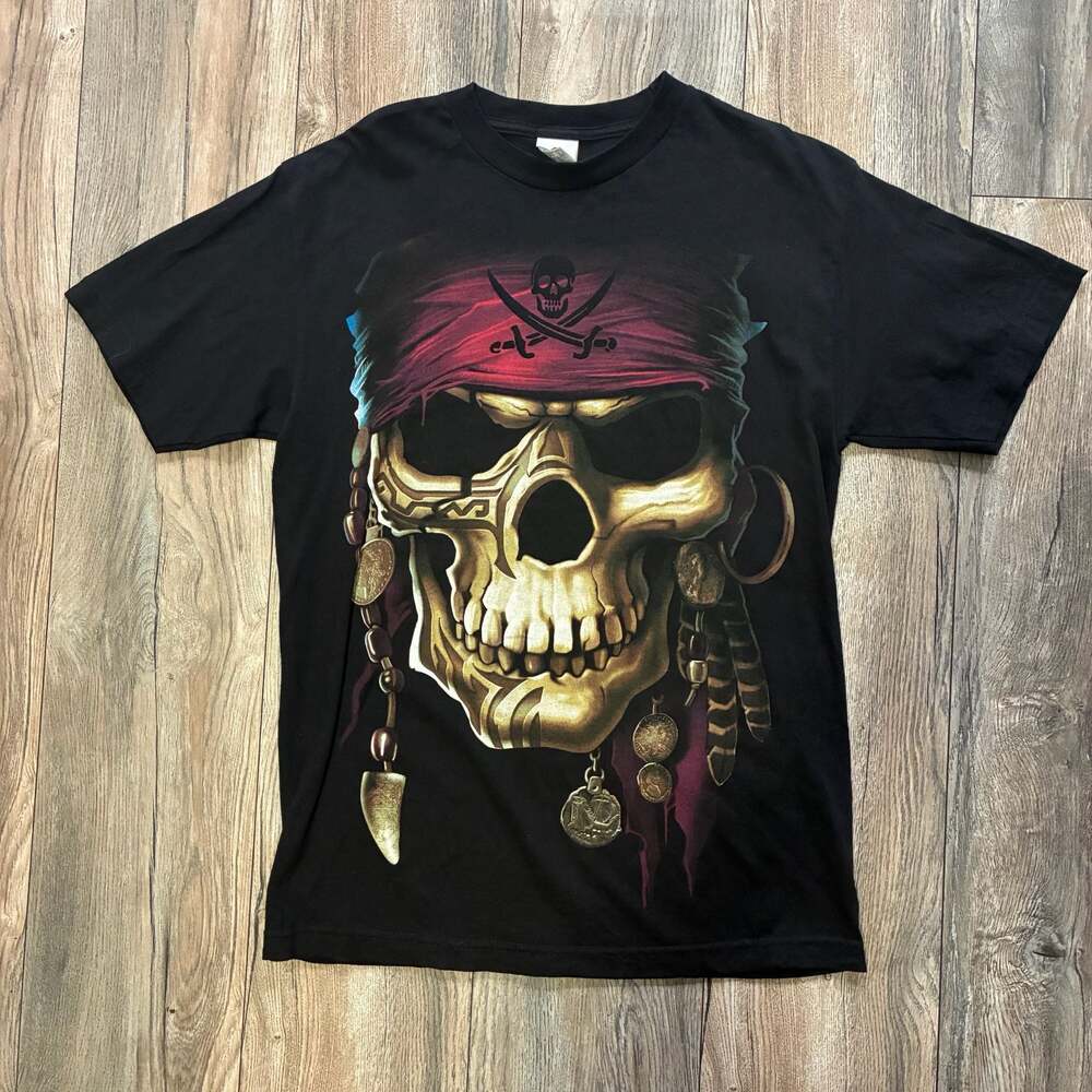 AAA Pirate Skull Y2K Graphic T-Shirt Black Large Print 🏴‍☠️